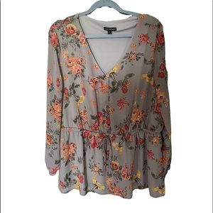 Lane Bryant Peplum Blouse. Floral with LightOlive background. Size 18